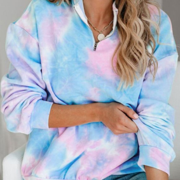 www.citrusandjune.com Tops - Lauren Tie Dye Quarter Zip Pastel Blue and Pink